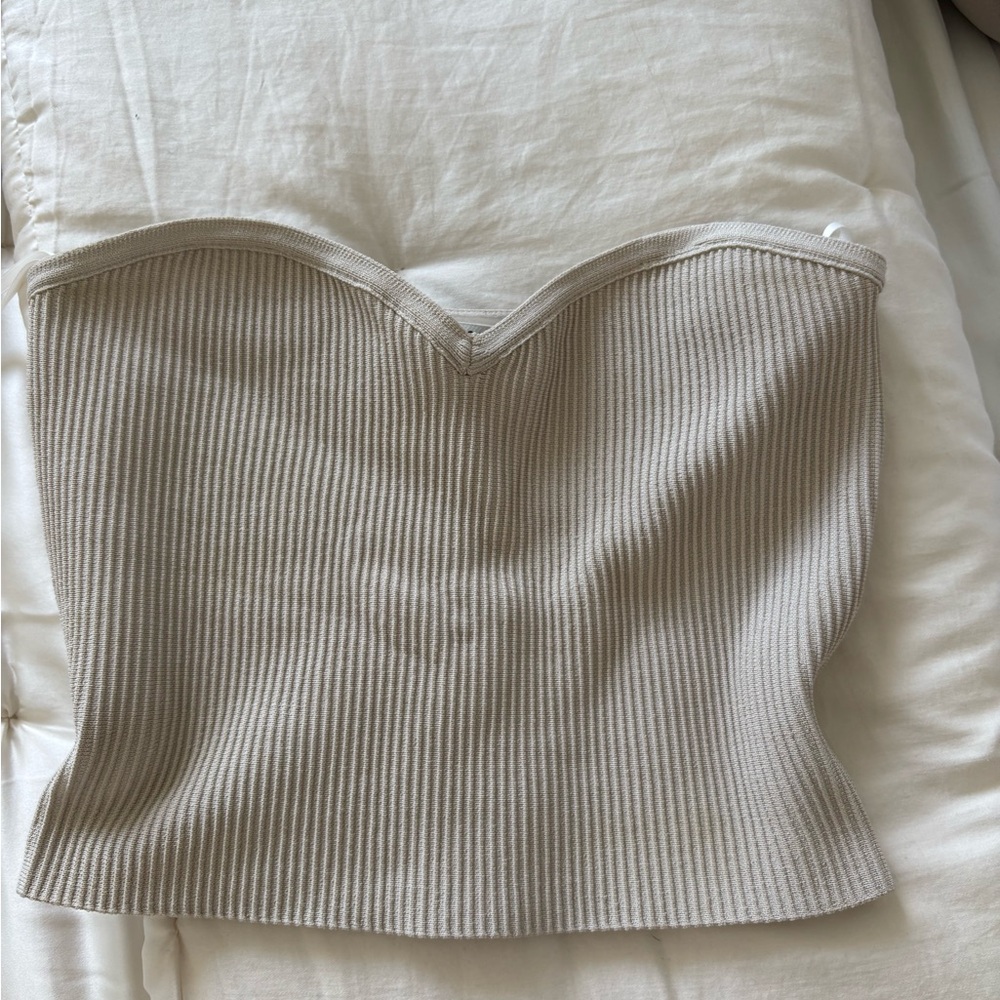 Babaton Ribbed Strapless Top in Beige